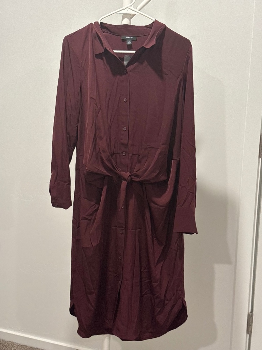 Alfani Purple Satin Long Sleeve Shirt Dress Knotted Waist- Size 10 NWT